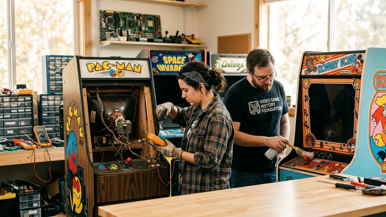 Atelier de conservation de bornes d'arcade historiques et alignement technique des écrans cathodiques chez RHYTHM FREAKS